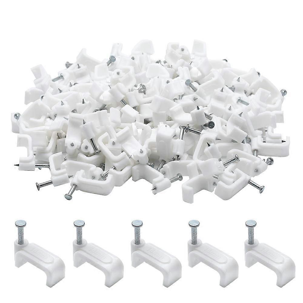 100pcs 14mm Flat Ethernet and Coaxial Cable Clips with Nails for Secure Wire Management White