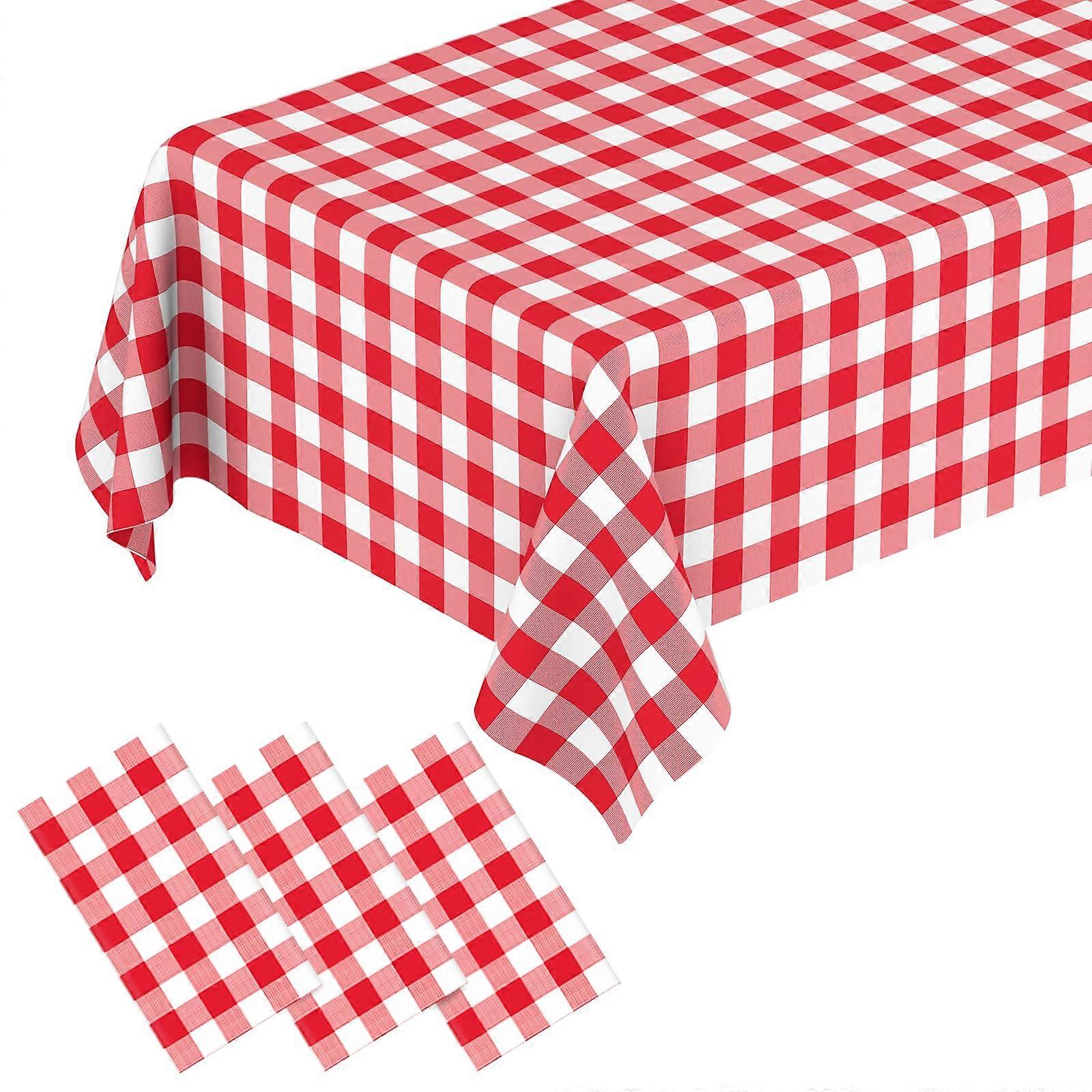 3 Pack Red and White Checkered Tablecloths 54x108 Disposable Plastic Red Gingham for Picnic Party