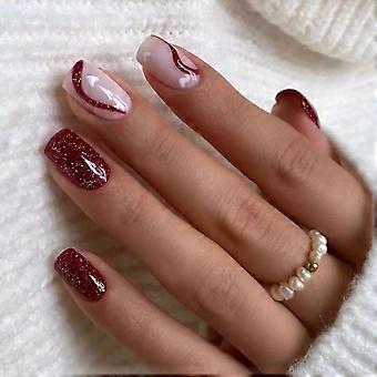 Short Square Red Glitter Press On Nails Kit  Reusable Fake Acrylic Nails with Multiple Sizes