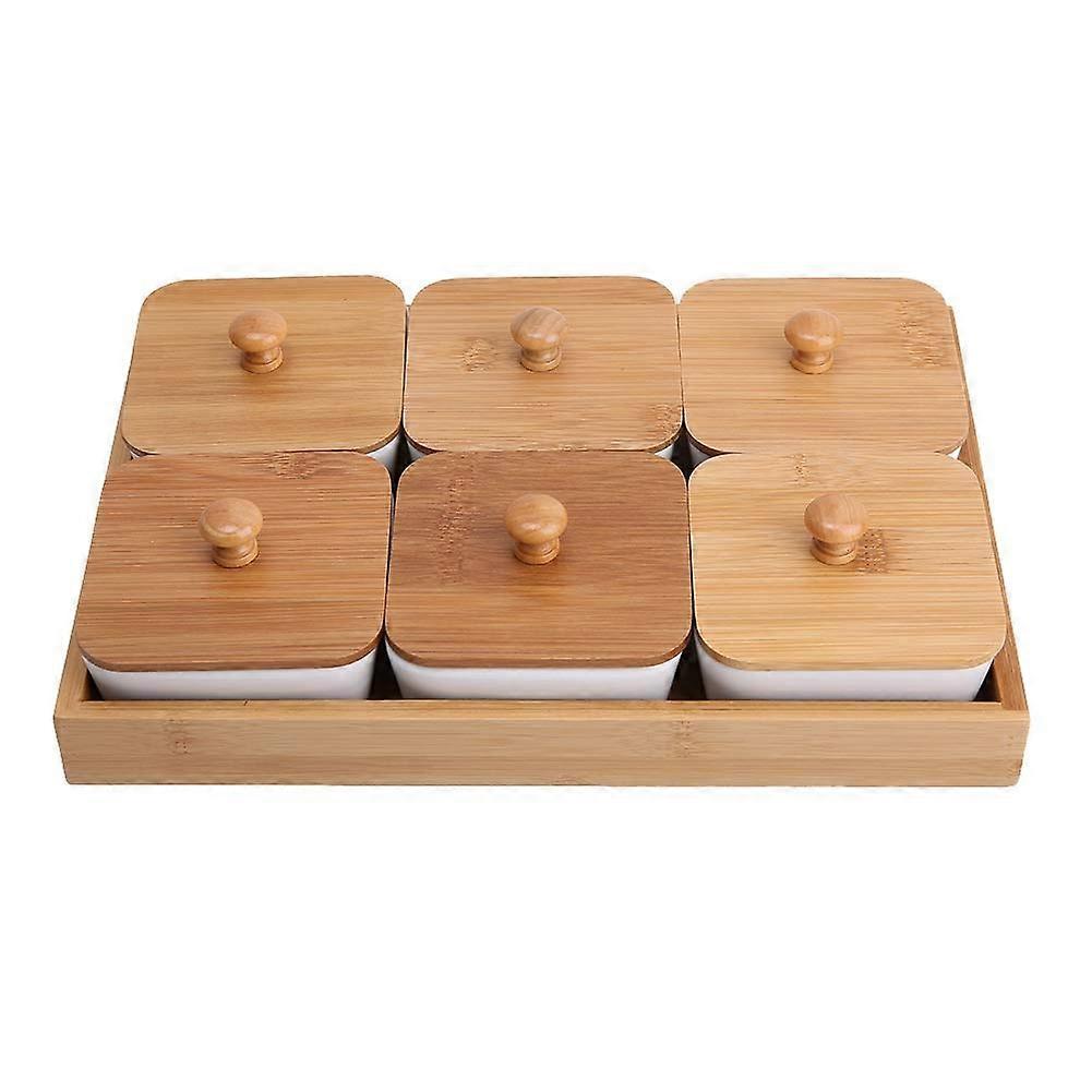 Ceramic Appetizer Serving Platter with Bamboo Cover, 6 Compartment Dish for Snacks and Condiments