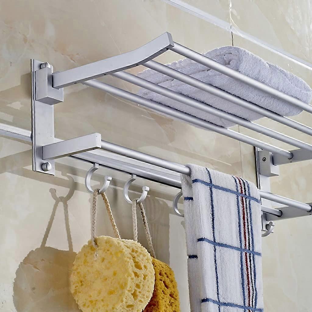 Bathroom Towel Rack Wall Mounted Holder, Foldable SpaceSaving Aluminum Shelf with Hooks