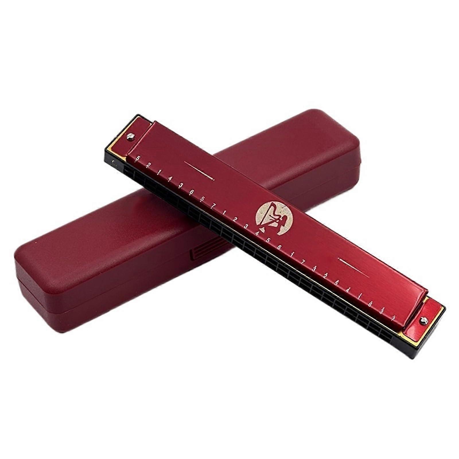 24 Hole C Key Polyphonic Harmonica for Beginners and Adults with Durable Aluminum Frame Red