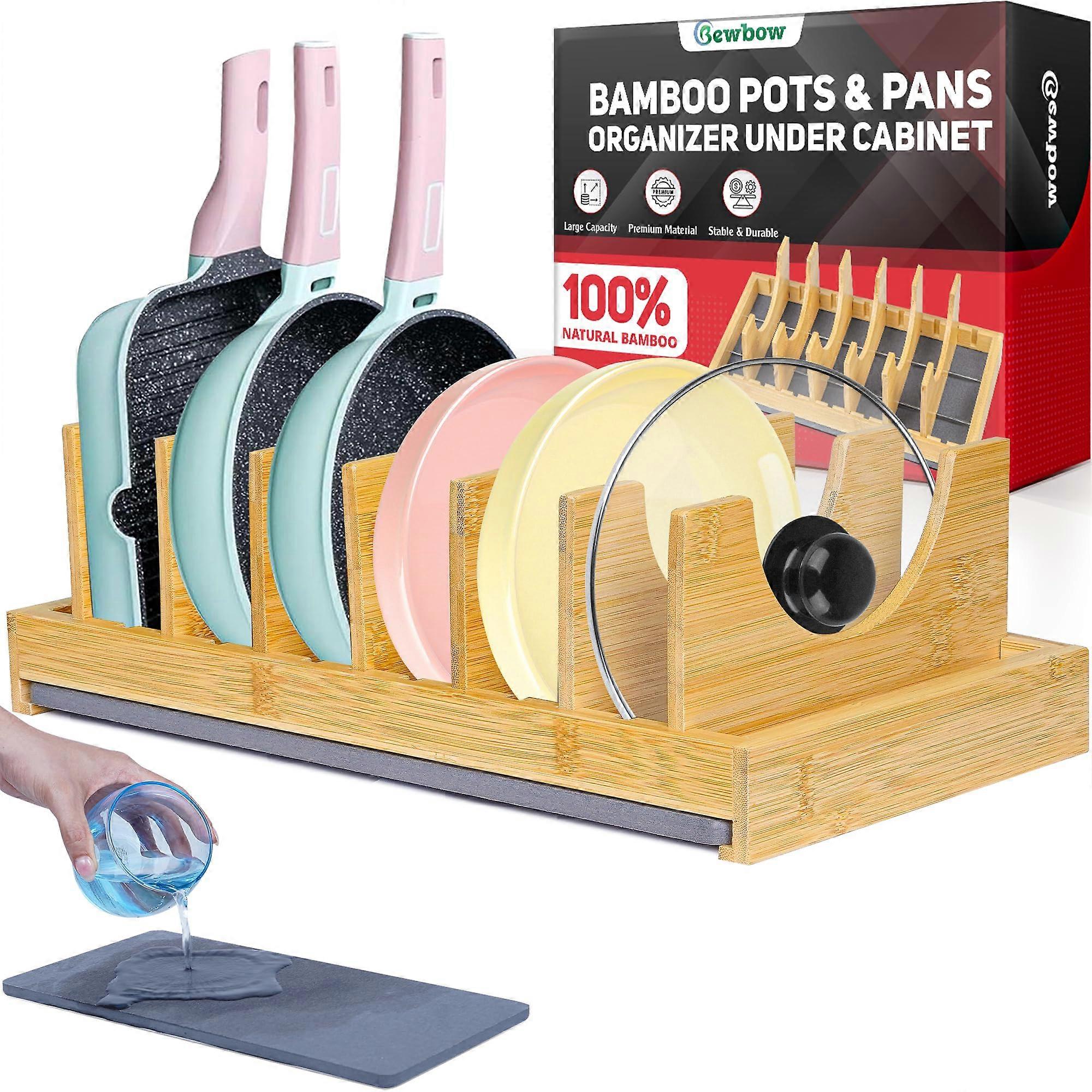 Bamboo Kitchen Organizer with Adjustable UShaped Dividers for Pots, Pans, Bakeware and Boards