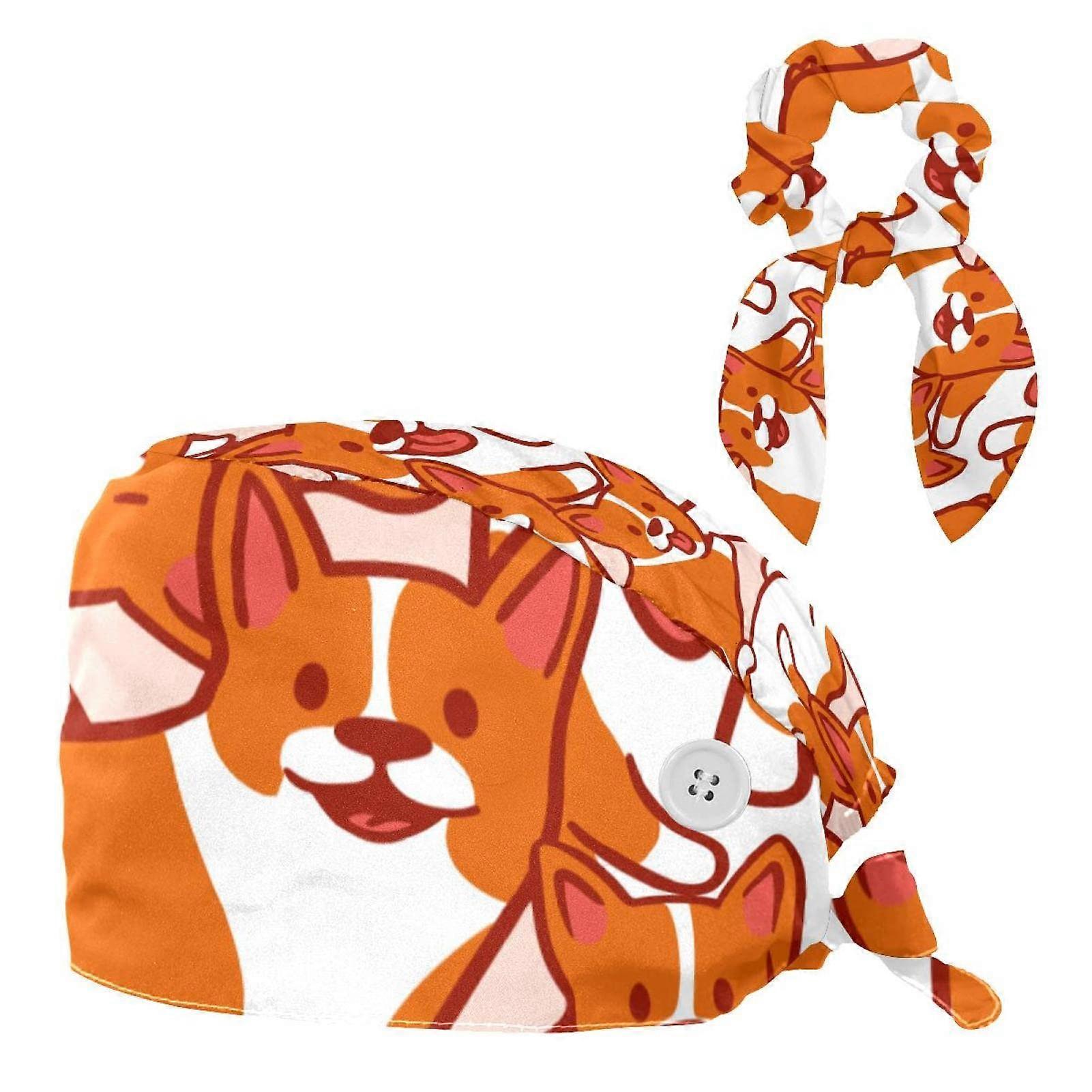 Nurse Scrub Cap for Long Hair with Buttons and Matching Bow Scrunchie, Adjustable Corgi Pattern