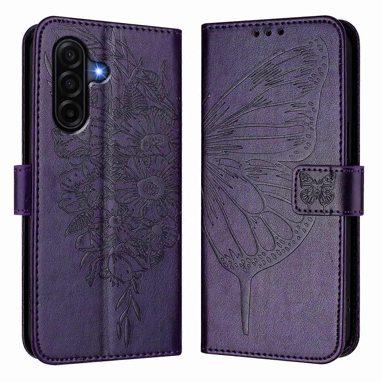 Étui portefeuille en cuir à motif papillon pour Samsung Galaxy A37 5G avec dragonne - Noir