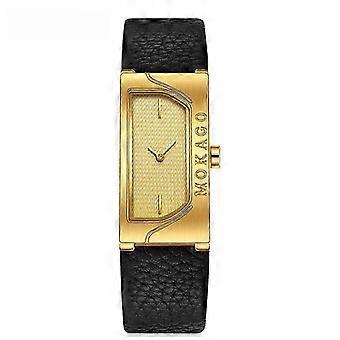 MOKAGO Gold Leather Strap Fashion Watch - Elegant Women's Timepiece with Rectangular Case and Minimalist Design