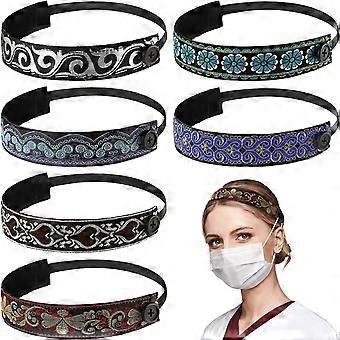 6 Pieces Headbands with Buttons for Facecover, Nurse Headbands for Women Non-slip Velvet-lined Hairband Boho Headband, Elastic Adjustable Headband Fab