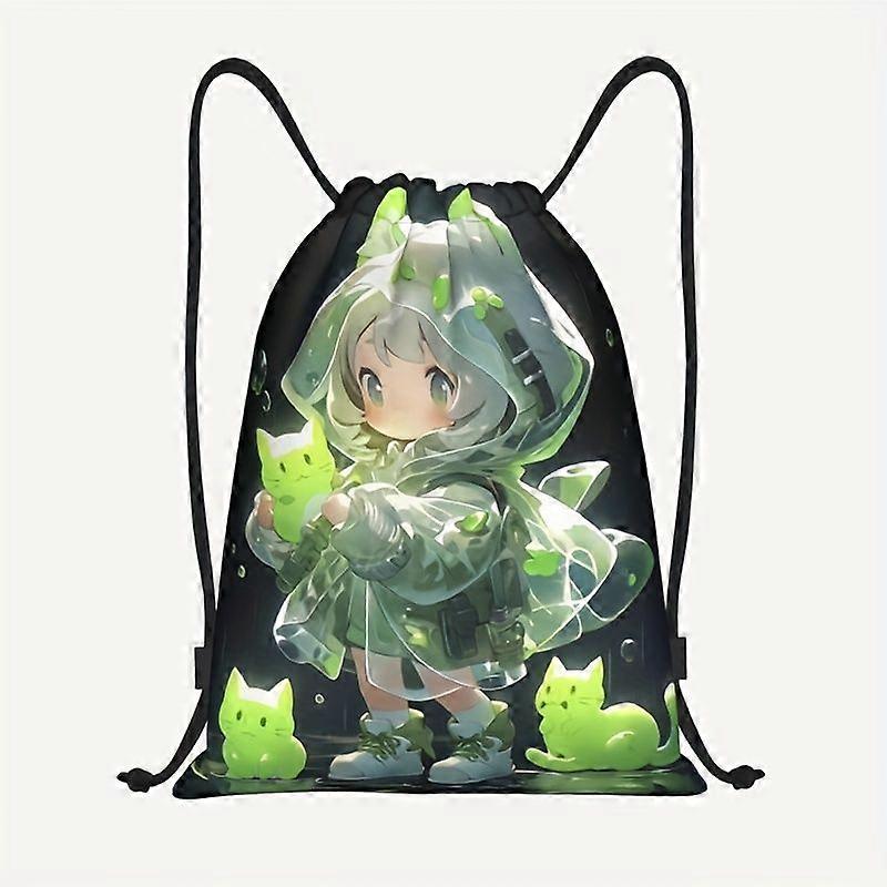 2D Flat Drawstring Bag, Cute Cat Pattern Drawstring Backpack - Durable Polyester Material, Lightweight Pouch, Suitable f-Cqazw