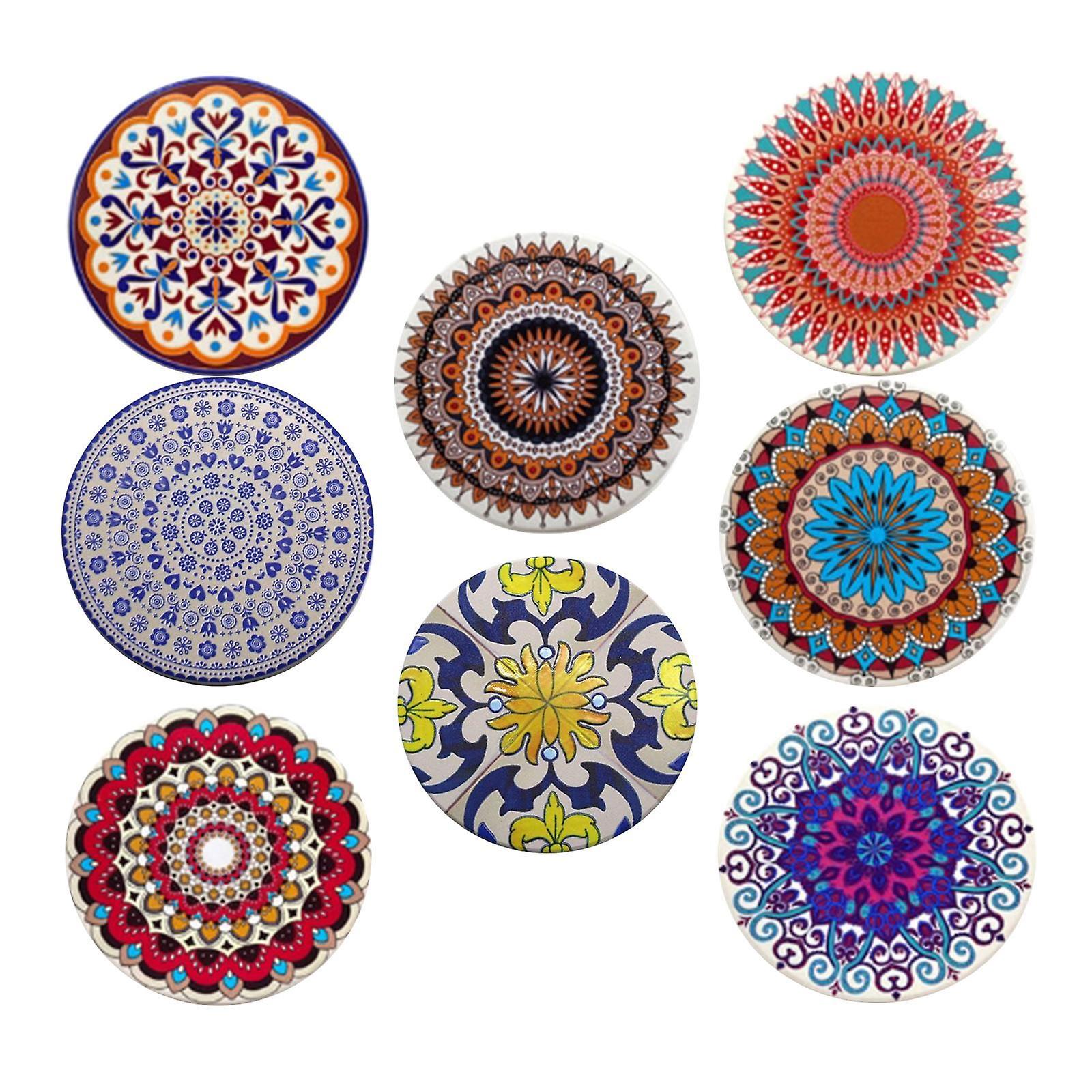 Ceramic Cork Base Round Coasters Kitchen Cup Pads Placemat + Holder 8pcs