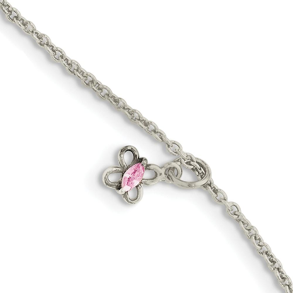 925 Sterling Silver Dangle Polished Fancy Lobster Closure Pink Cubic Zirconia With 1. Ext. Butterfly Angel Wings Bracele