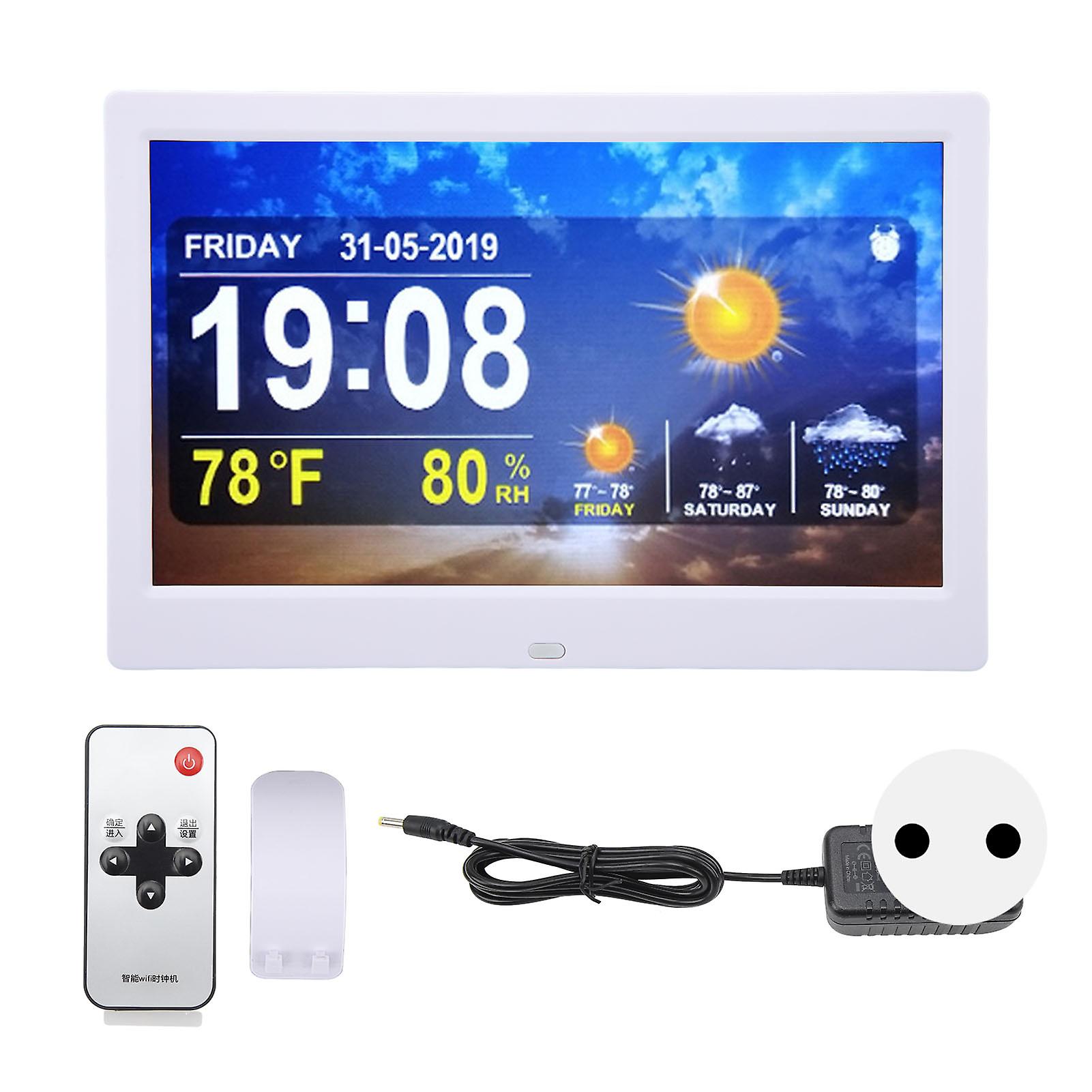 10" WiFi Weather Clock: Alarms, Remote, Color Display, Photos/Videos, EU Plug, White