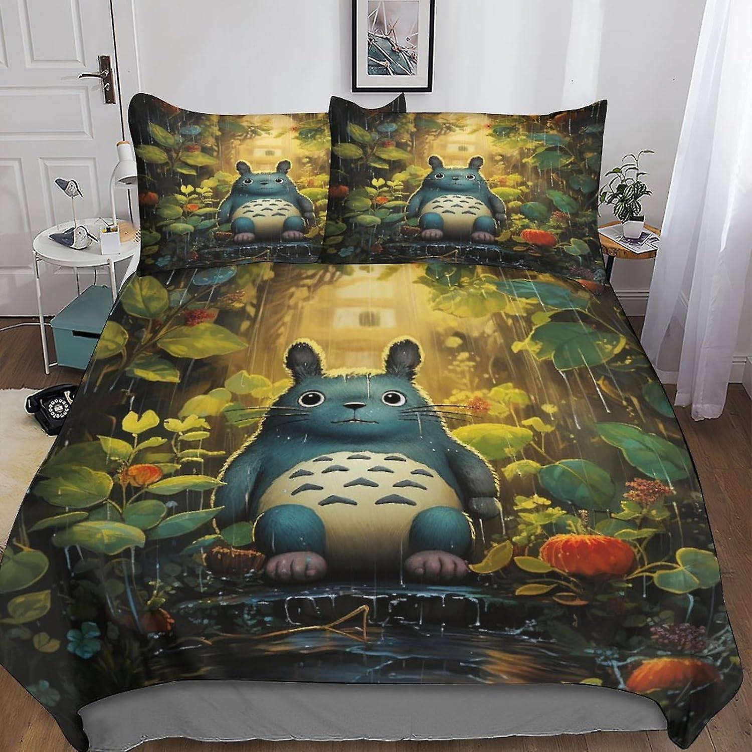 Totoro Hidden Zipper Closure Påslakanset - 3D-tryck Microfiber Anime Cartoon Sängkläder, Komplett 3-delat set med örngott, perfekt för pojkar och 