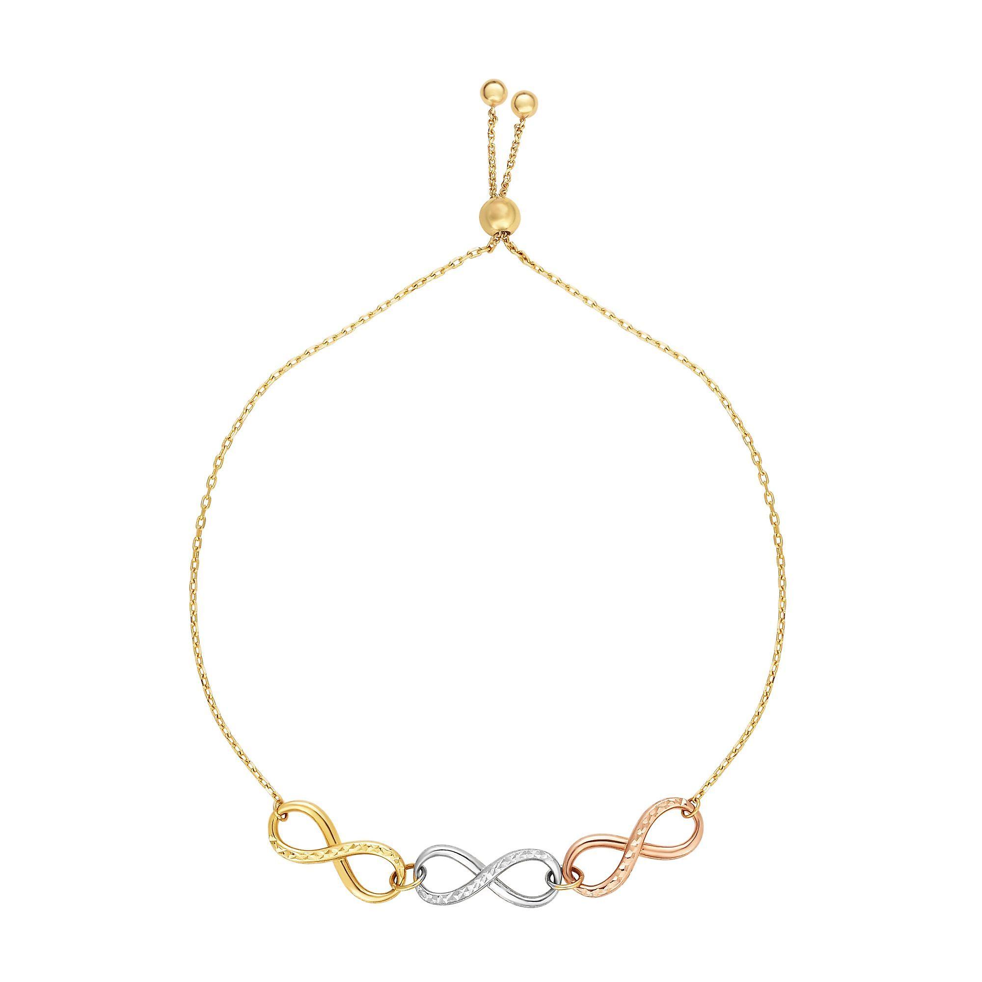 14k Tri Color Gold Infinity Charms Adjustable Bracelet, 9.25"