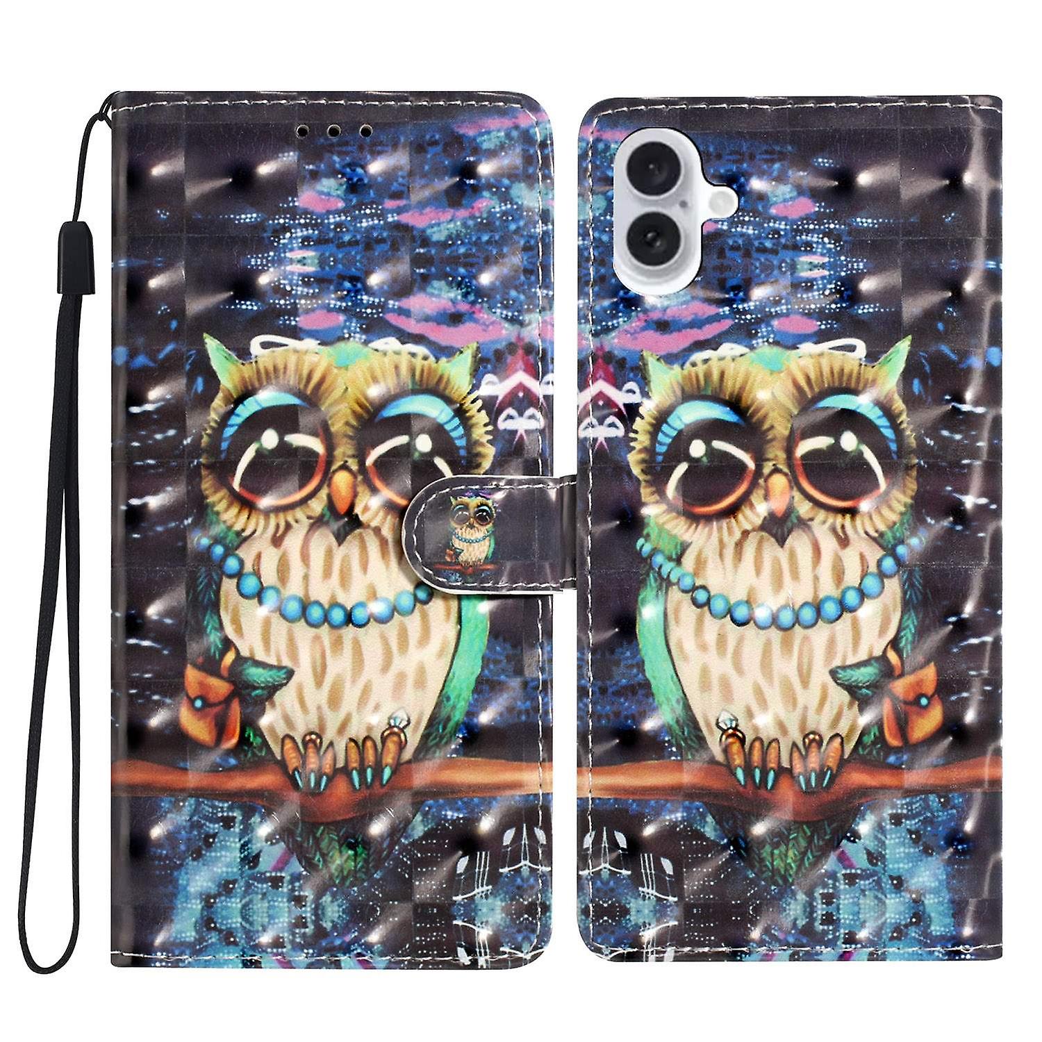 For iPhone 16 Case PU Leather 3D Pattern Printing Phone Wallet Cover - Owl