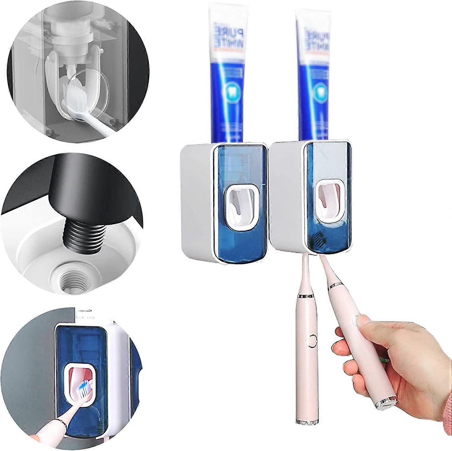 Toothpaste Dispenser Wall Mounted Bathroom Squeezer with Automatic Toothpaste Squeezer and 2 Toothbrush Holdersblue6.8*6.2*12cm