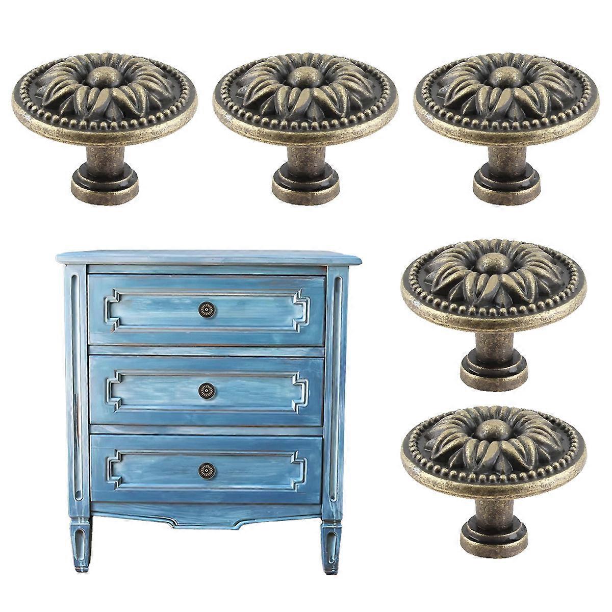 5Pcs Antique Cabinet Knobs, Metal Round Bronze Knobs, Vintage Dresser Knobs, Single Hole Pull Handle for Furniture
