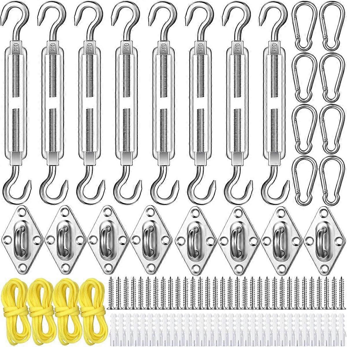 92 Pieces Shade Sail Hardware Kit Rust-Proof Shade Hardware Kit for Triangle Rectangle Shade Sail Installation Silver
