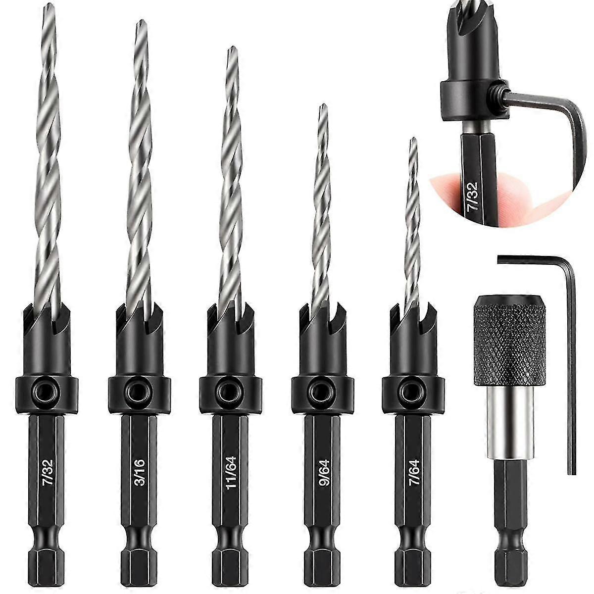 Countersink Drill Bit Set, 5 Pcs Woodworking Tapered Drill Bits for 4, 6, 8, 10, 12 Screws, Replacement Bit Holder