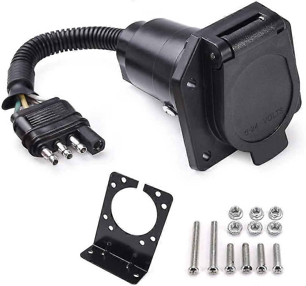 4-way Flat To 7-way Round Blade Trailer Adapter Wiring Plug Connector With Bracket