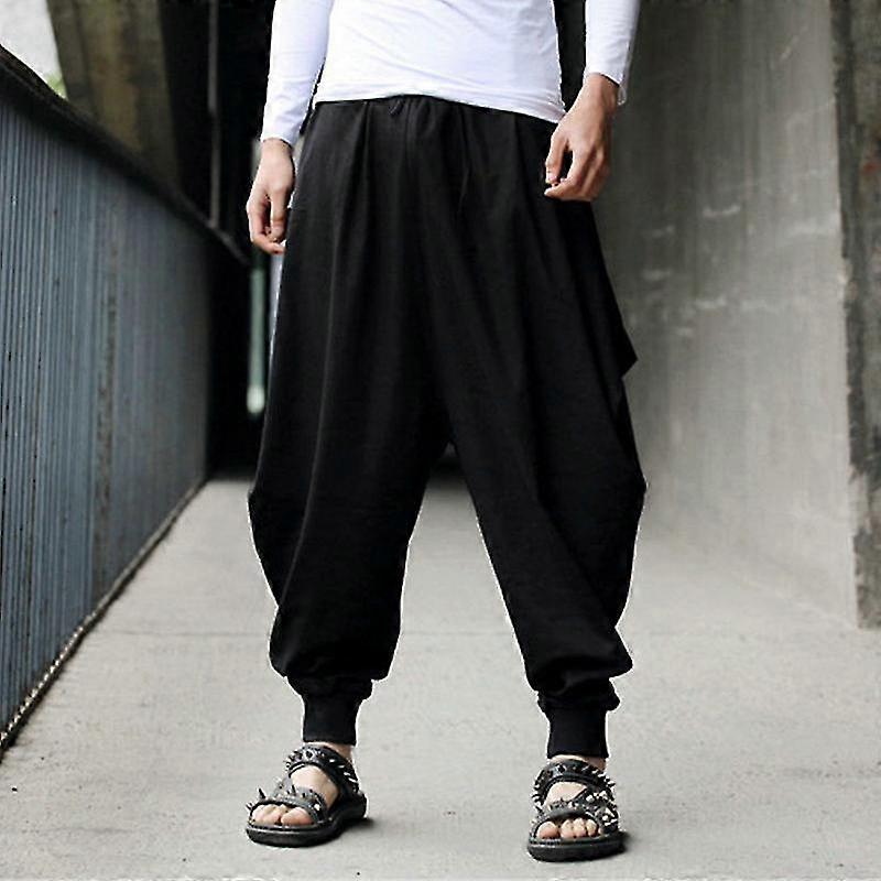Mens Plain Harem Elastic Waist Drawstring Comfy Holiday Hippy Hakama Baggy Pants