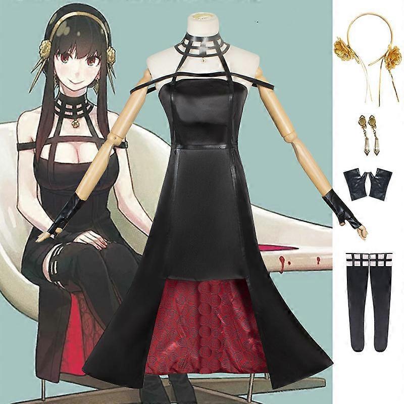 Anime Casus Aile Yor Forger Cosplay Katil Suikastçı Gotik Halter Abito Nero Kıyafet Con Calze Pelle Kadın Parti Giyim