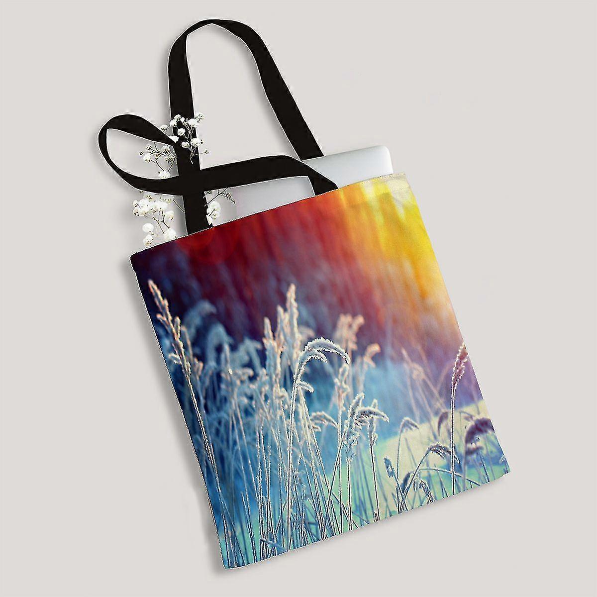 Winter Scene Frozenned Flower Pine Forest And Sunset Canvas Bag Reusable Tote Grocery Shopping Bags Tote Bag 36x41 Cm