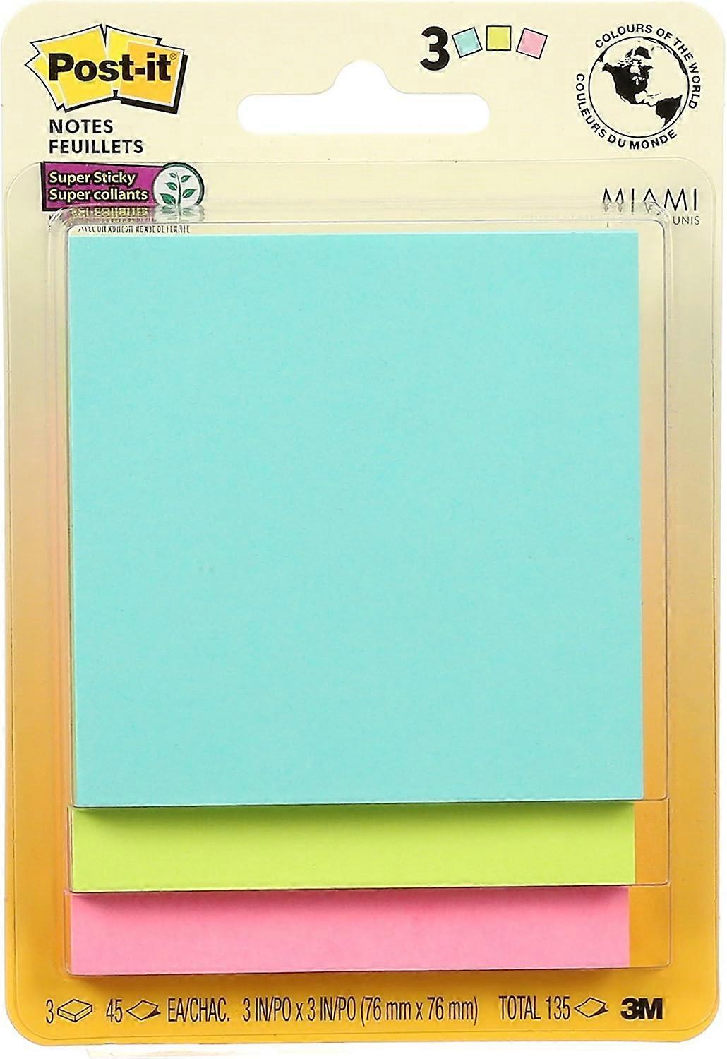 Post it Notes Super Sticky Notes, 3" 3", 3 Pads, 45 Sheets/Pad, Miami Colours