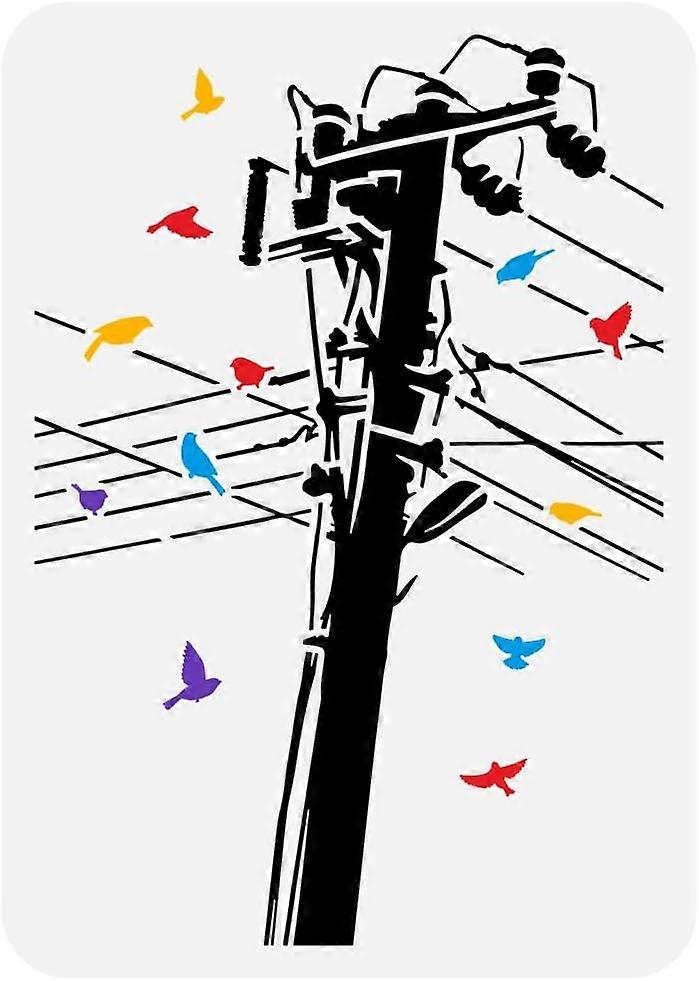 Power Lines Pole and Bird Painting Stencil 8.3x11.7" Large Telephone Pole with Sparrow Drawing Stencil Reusable Graffiti Theme Spraying Stencil Hollow