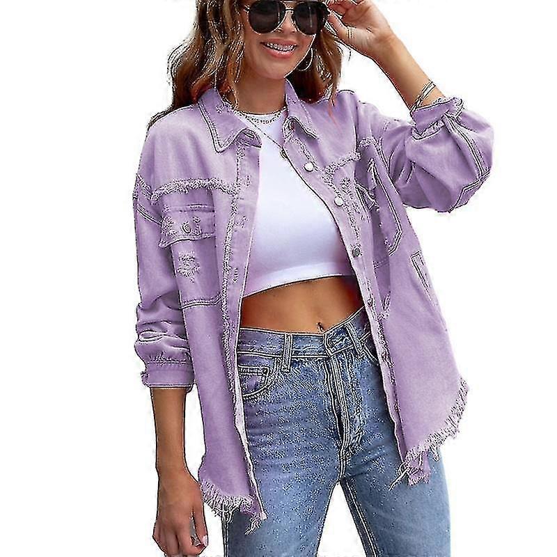 Kvinner Overdimensjonert Denim Jacket Distressed Ripped Jean Jacket