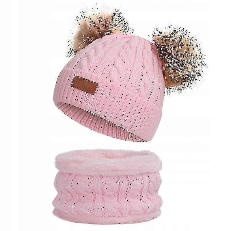 Kids Winter Knitted Hat And Fleece Scarf Set,cute Pom Pom Decor-3