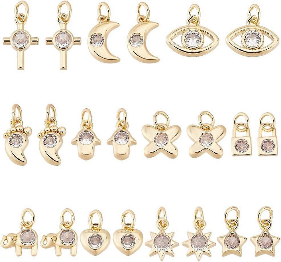 22Pcs 11 Styles Brass Micro Pave Clear Cubic Zirconia Charms with Jump Ring Mixed Shapes 9~14x9.5~13x2.5~3mm Hole: 3.3mm 2pc/style