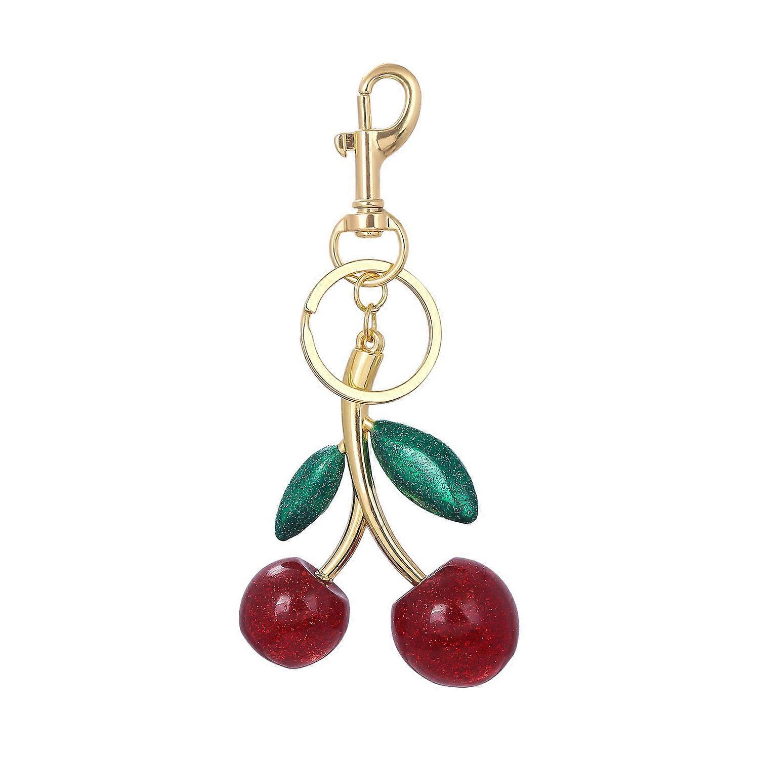 Keychain Bag Charm with Golden Shimmering Resin Cherries Hypoallergenic Steel Key Pendant Bag Wallet