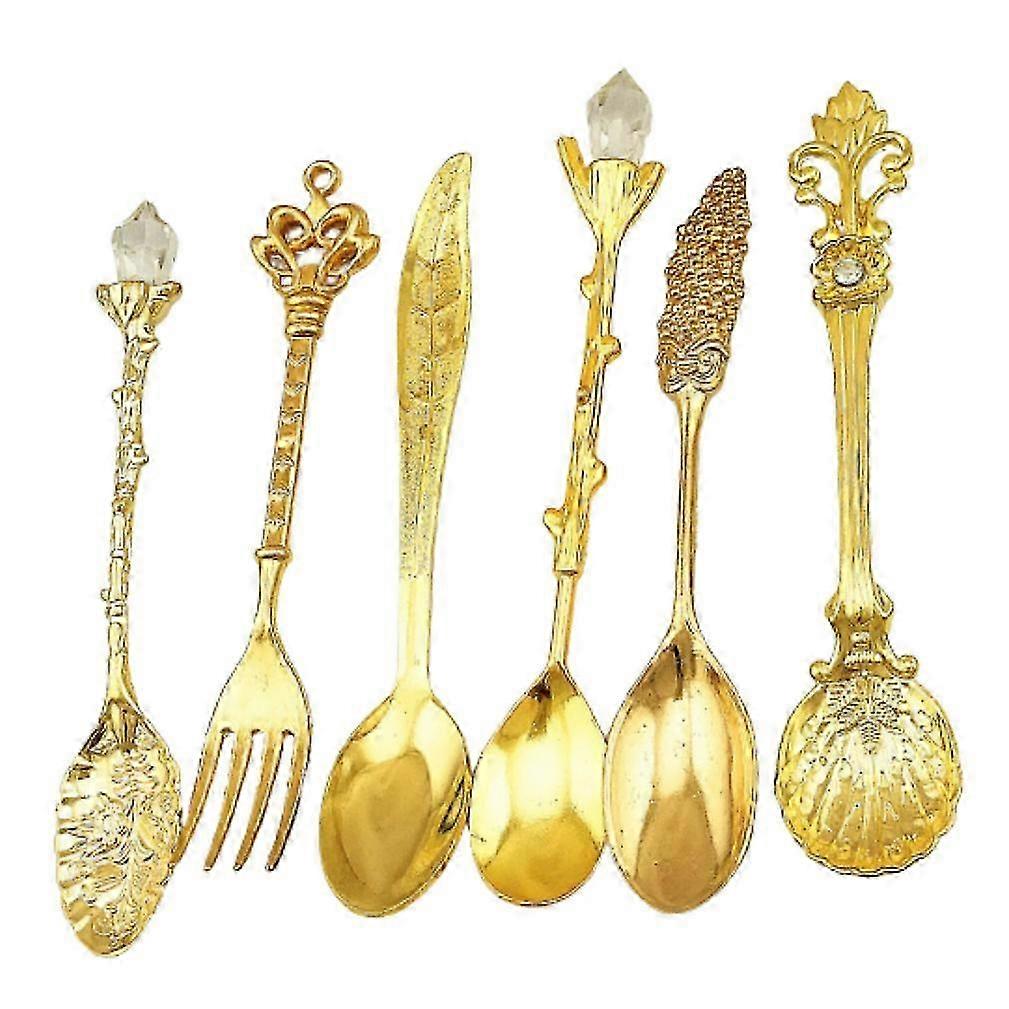6pcs Cutlery Set Tableware Retro Spoons Fork Stainless Steel Gold