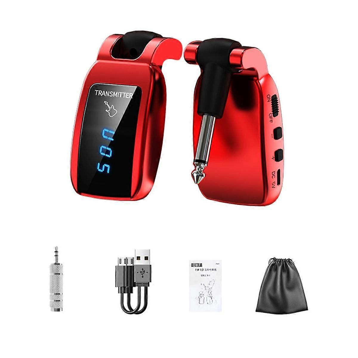Wireless Guitar System Rechargeable LED Screen UHF Wireless Guitar Transmitter Receiver for Electric Guitar Red