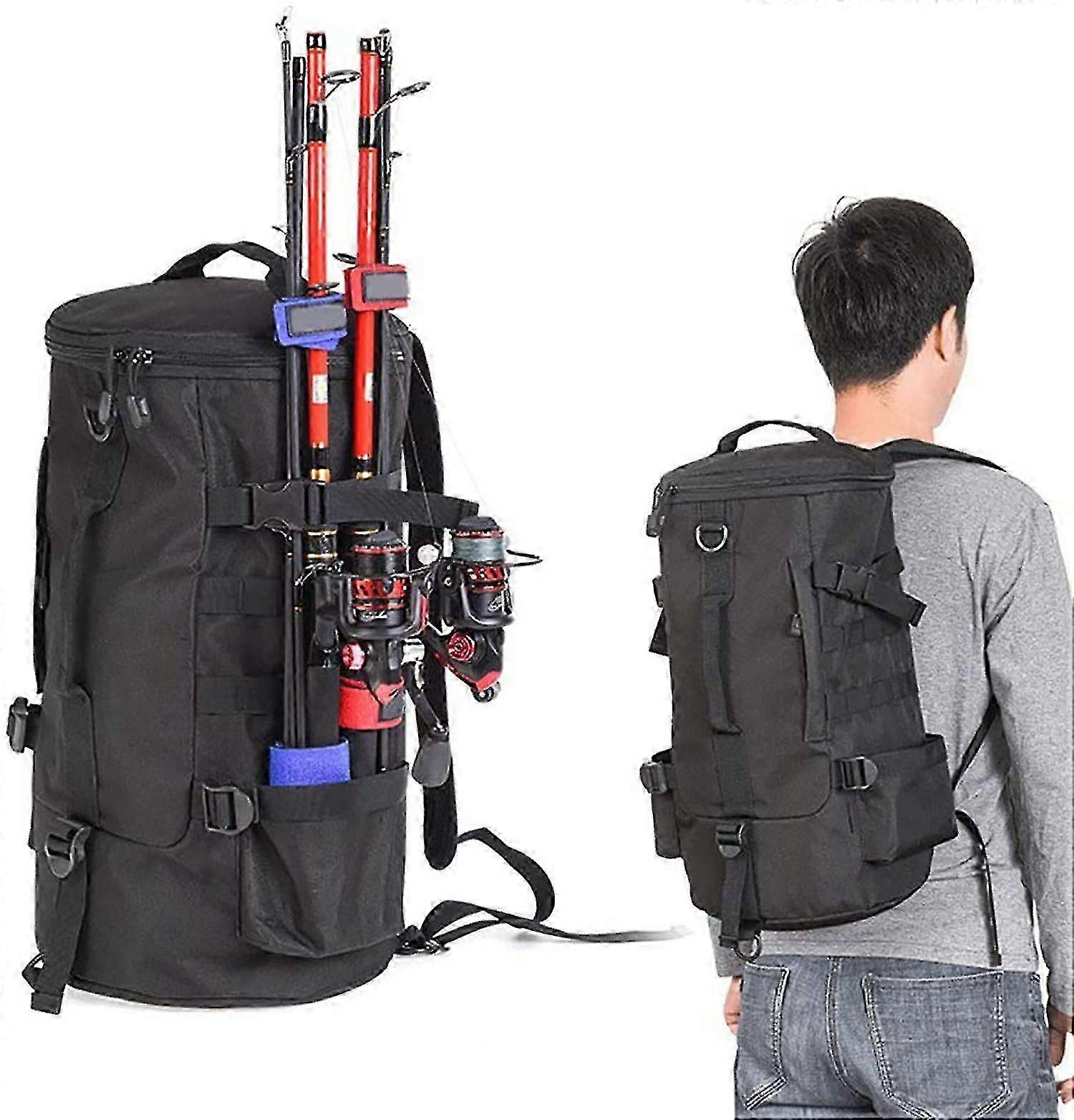 Fishing Backpack, Cylindrical Fishing Backpack Large Capacity Polyester Backpack,black