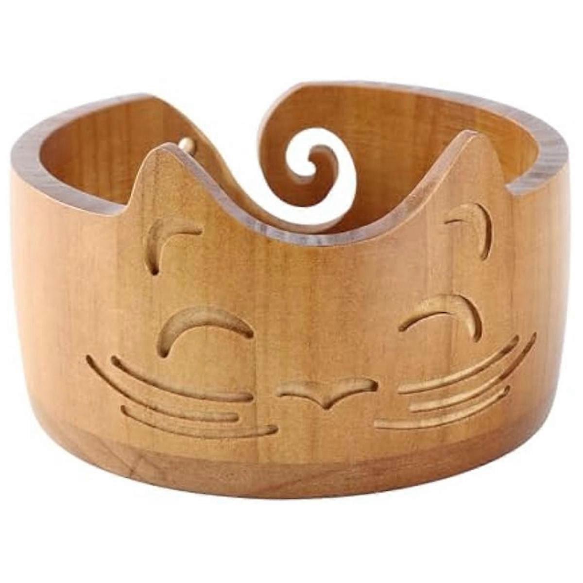 Charming Cat Shape Handmade Wooden Yarn Bowl Holder Dispenser for Crocheting Supplies Crochet Organizer Storage Solution