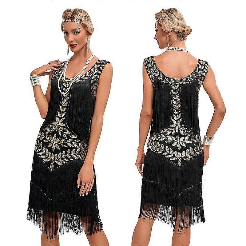 Vintage Gatsby Ball Gown, Round Neck Sequin Embroidered Suspenders Large Size Dress