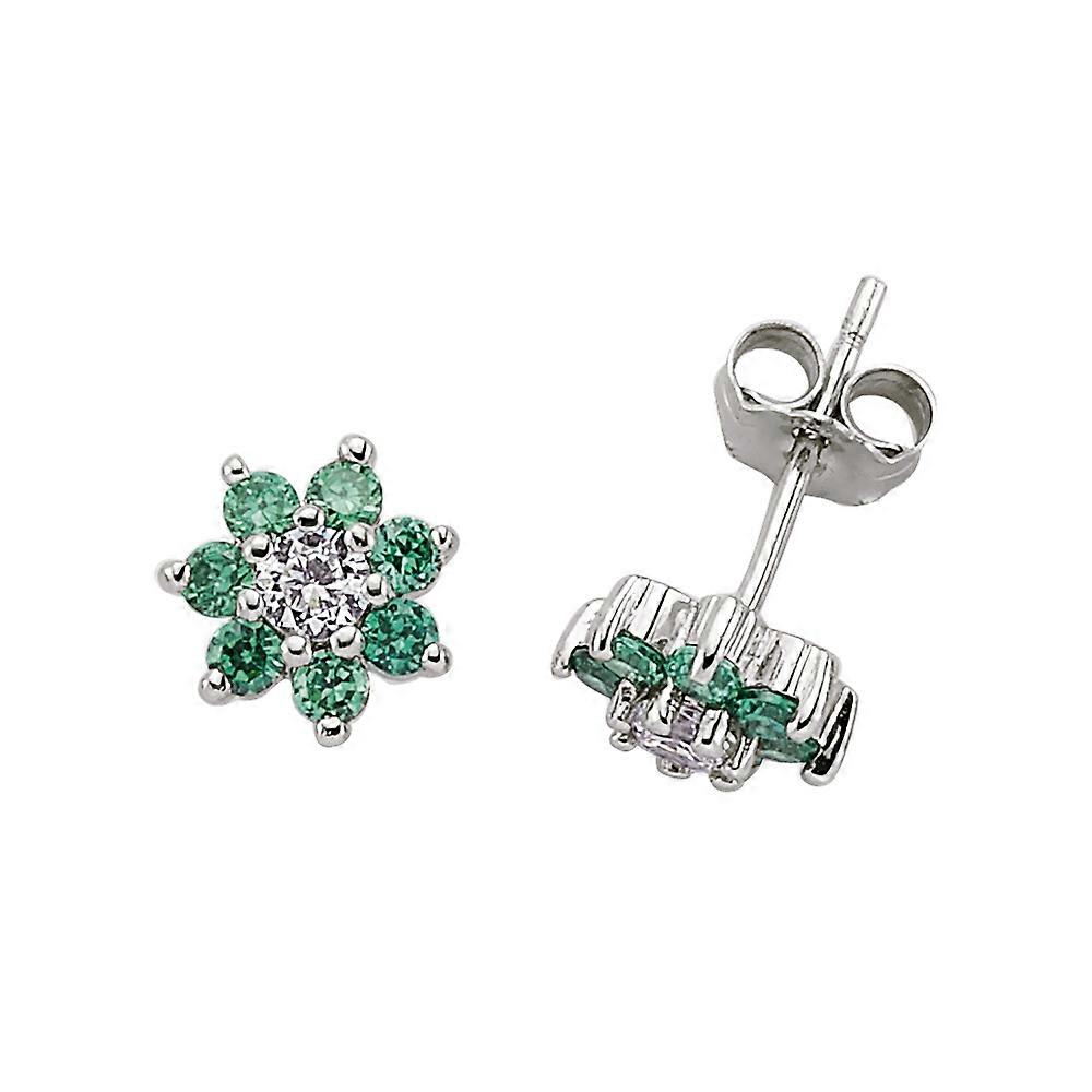 Jewelco London Ladies Sterling Silver Emerald-Green Cubic Zirconia Flower Cluster Stud Earrings