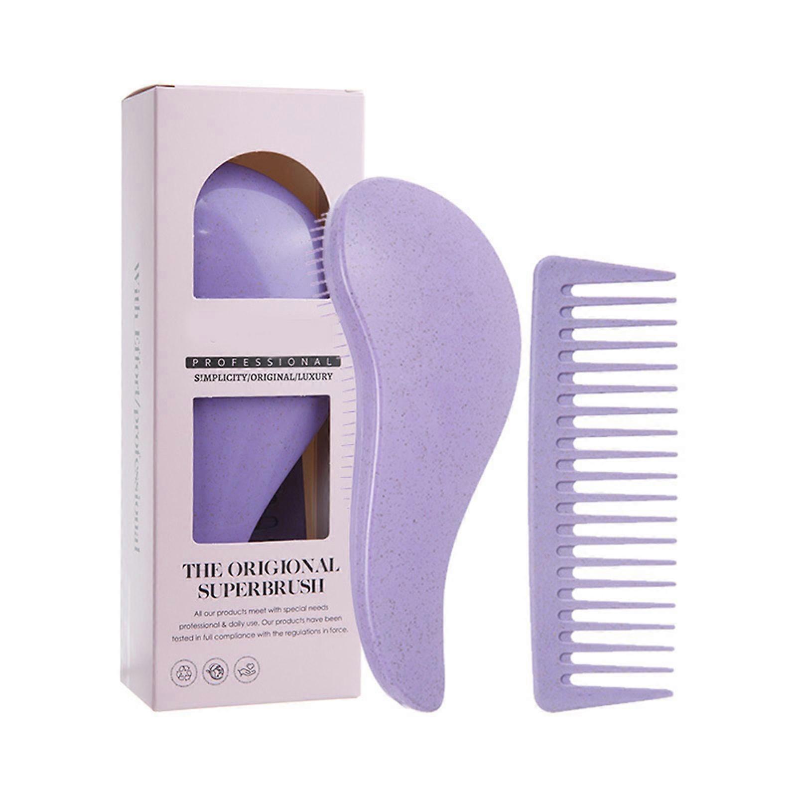 Wheat Straw Hair Brush Set of 2 Detangler Brush and Wide Tooth Comb for Defining Curls in Both Wet and Dry Conditions Purple