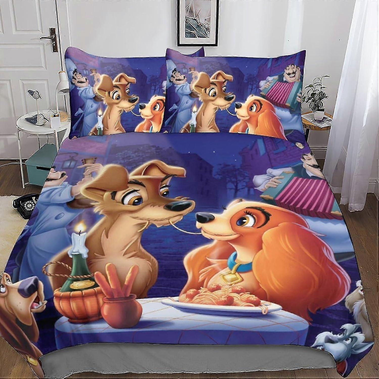 Lady And The Tramp 3 Peças Capa Edredom, Conjuntos de Cama 3D Capa Colcha Anime, Capa Edredom Microfibra Macia, Com Fronhas, Com Zíper Para Adultos