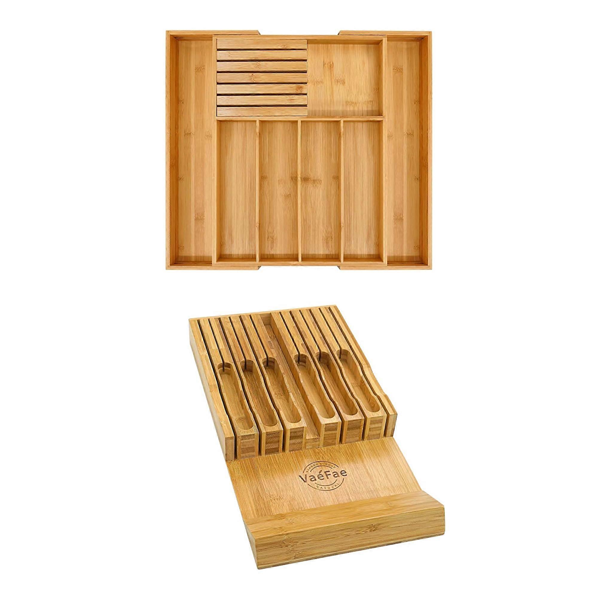 Bamboo Silverware Drawer Organizer and Knife Insert Set for Kitchen Storage, Eco-Friendly, Adjustable, Deep Compartments