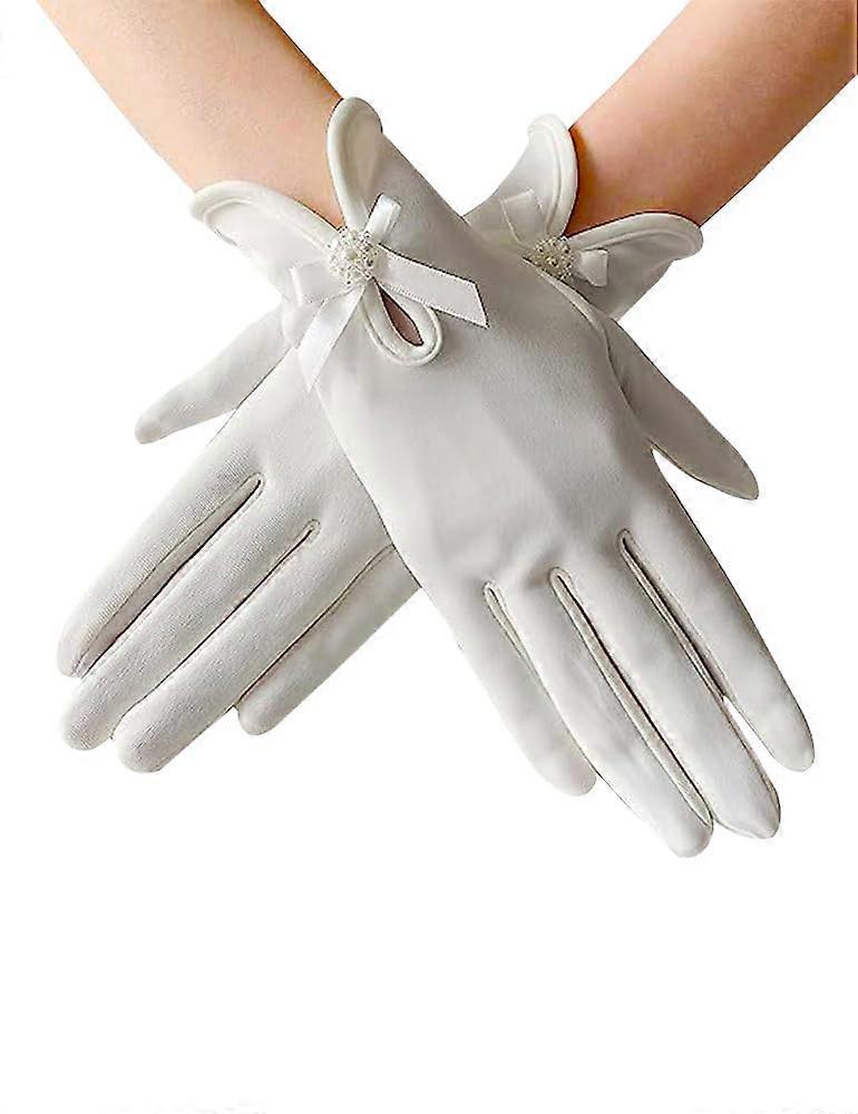 Woman Satin Opera Gloves with Bow and Pearl Flower Design, Elegant Short Evening Gloves for Parties, Events, and Formal Occasions