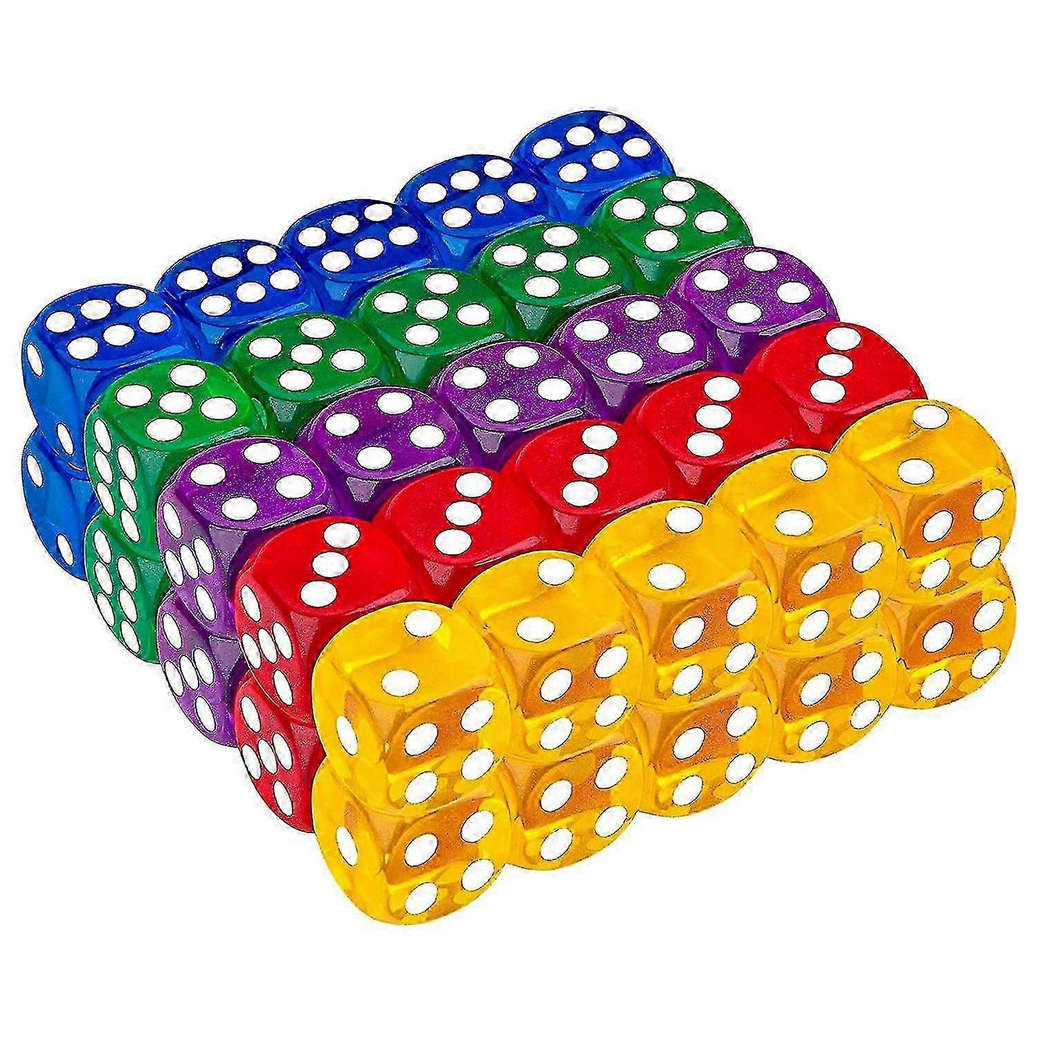 50 Pack 14mm Translucent Solid 6-Sided Game Dice for Activities, Casino Theme, Teaching Math
