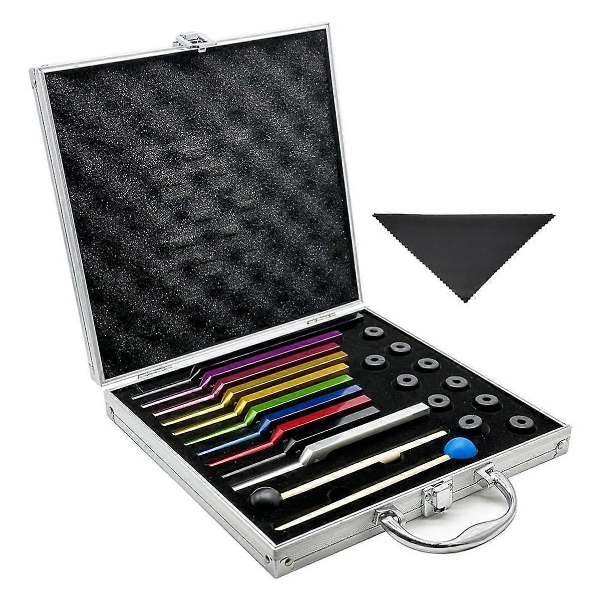 Ensemble de diapasons - 10 fourchettes en alliage d’aluminium non lestées avec chiffon de nettoyage, maillets en caoutchouc et boîte en aluminium