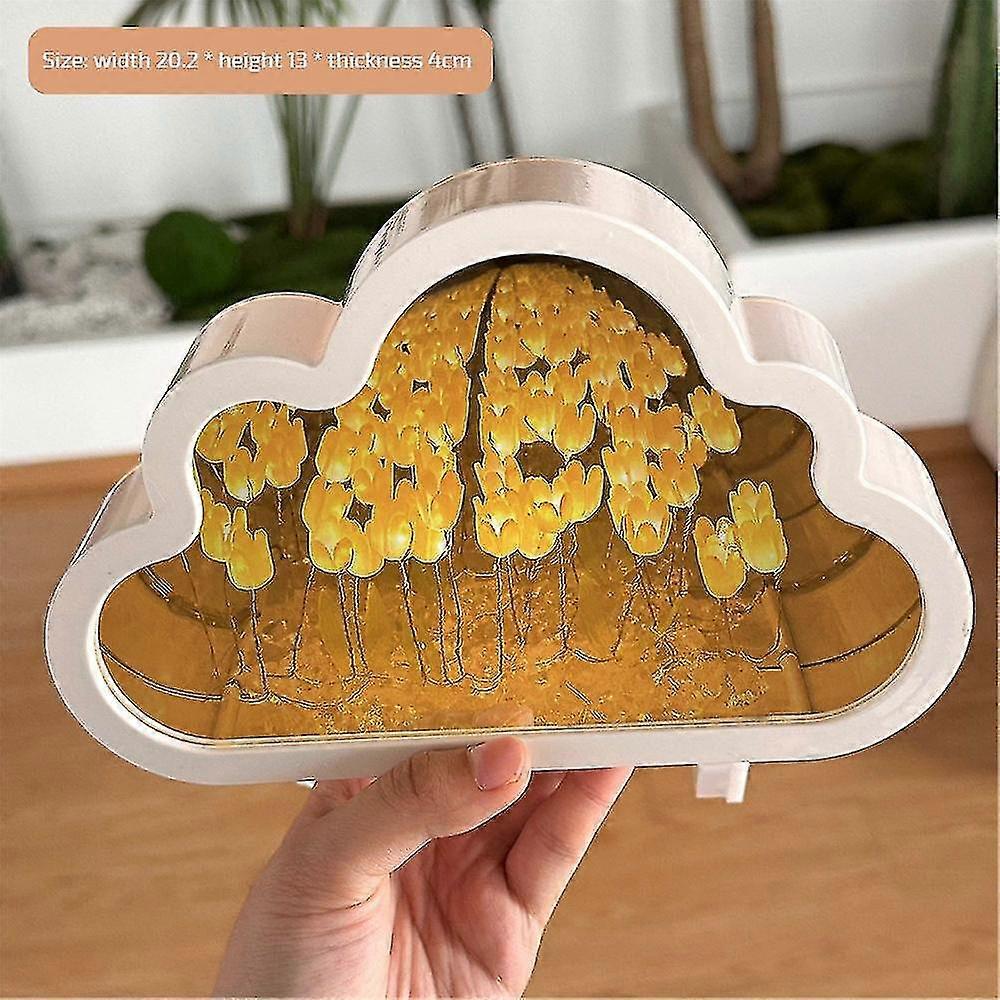 Cloud Mirror Night Light with Tulip Decor, Handmade DIY Touch Sensor Lamp for Bedroom Nursery Decor