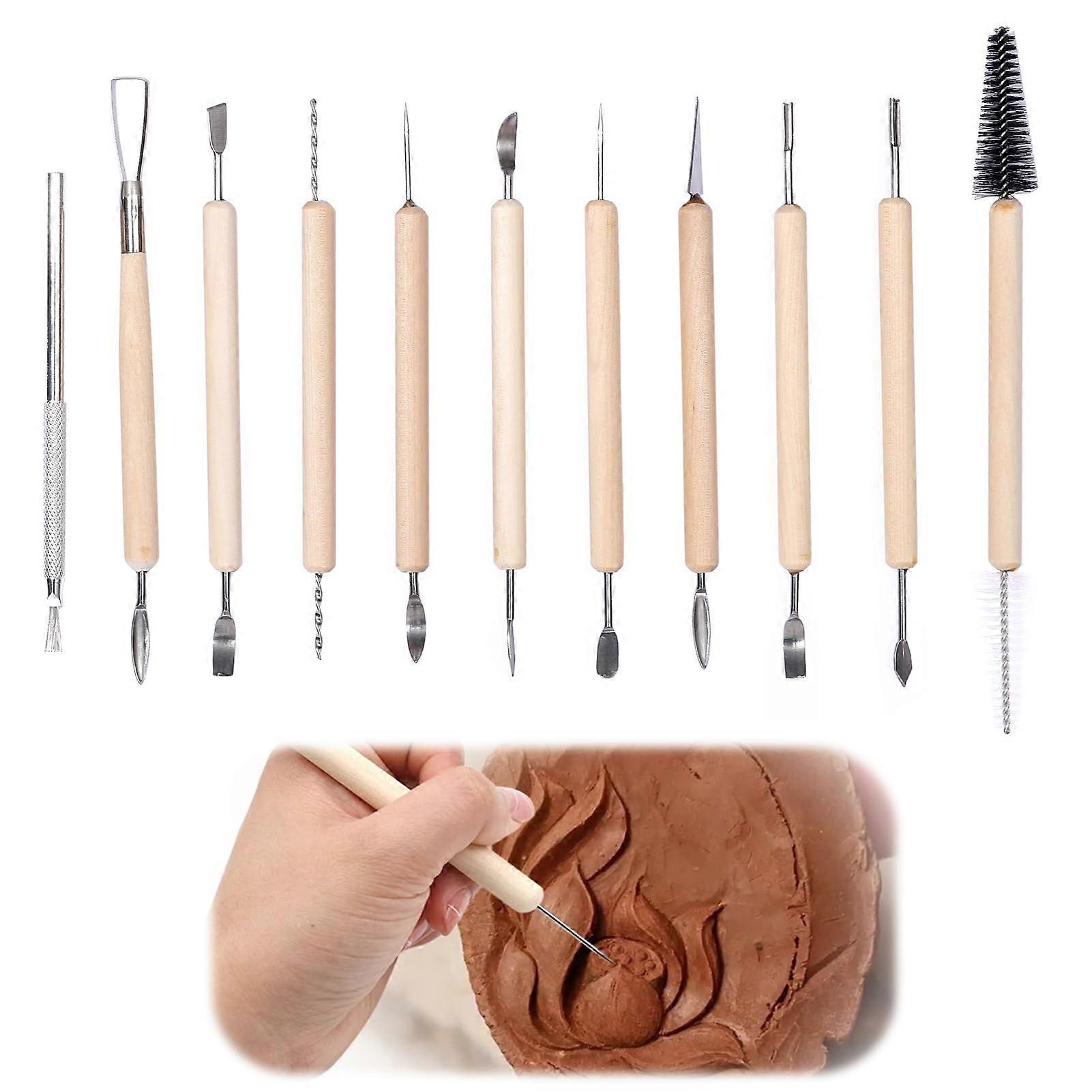 Modelling Tool Set for Clay and Ceramics 11-Piece Wood and Steel Sculpting Tools for Polymer Clay and Pottery, Beginners