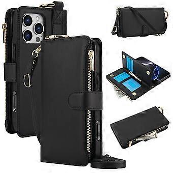 Case For Iphone 13mini Black Ring Multi-function Wallet Card Slot Belt Crossbody Strap