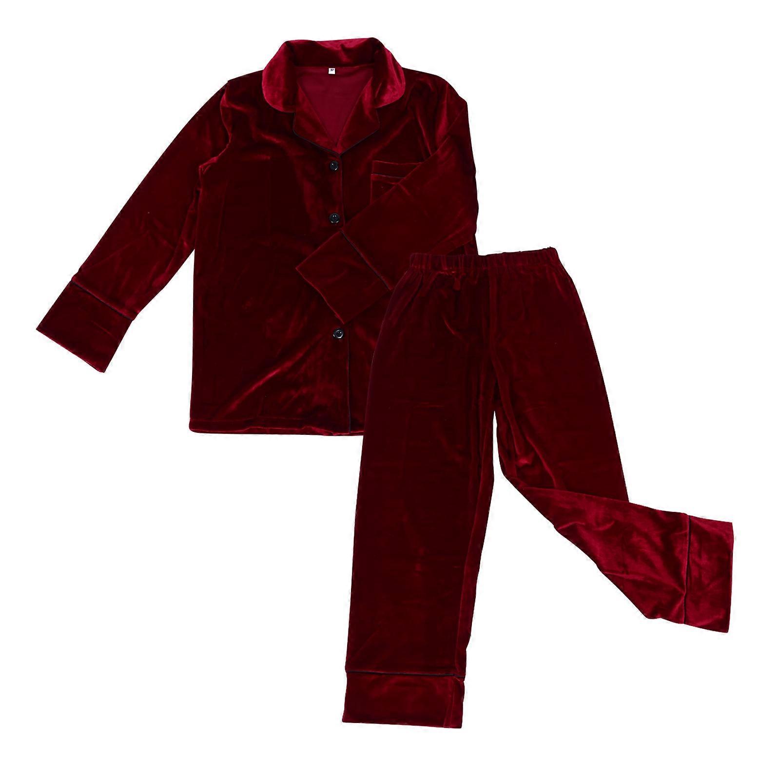 Female Long Sleeve Pajamas Comfortable Sleepwear for Women Autumn and Winter Home Use Dark Red 1Set