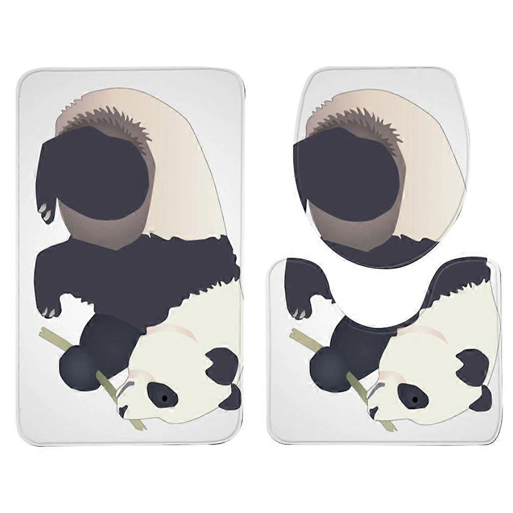 Washable Bathroom Rug Set For Families Featuring Panda Printed Carpet Design With Rectangle Shape In 1 Set Of 3Pcs