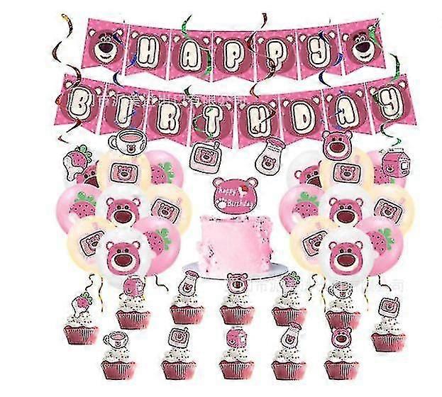 Strawberry Bear Theme Decoración de la fiesta de cumpleaños infantil Pull Flag C